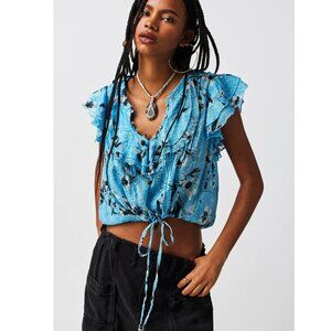 Free People Naya Printed Top Small Blue Floral Shirt Ruffle Blouse Button Front